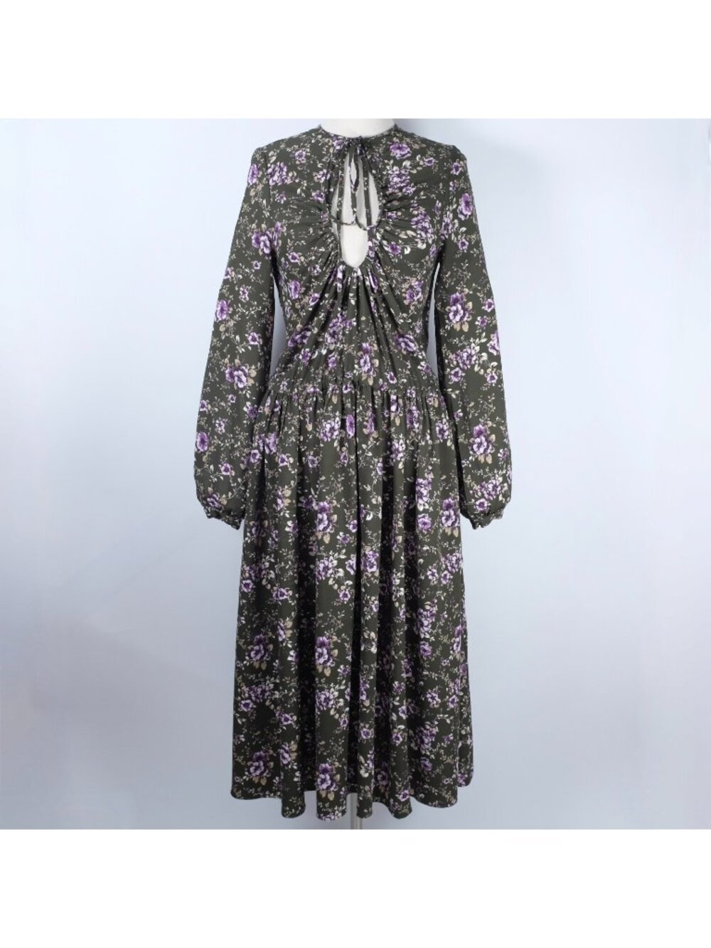 ROCHAS long dress maxi 44 US Large green floral long sleeves keyhole 2019